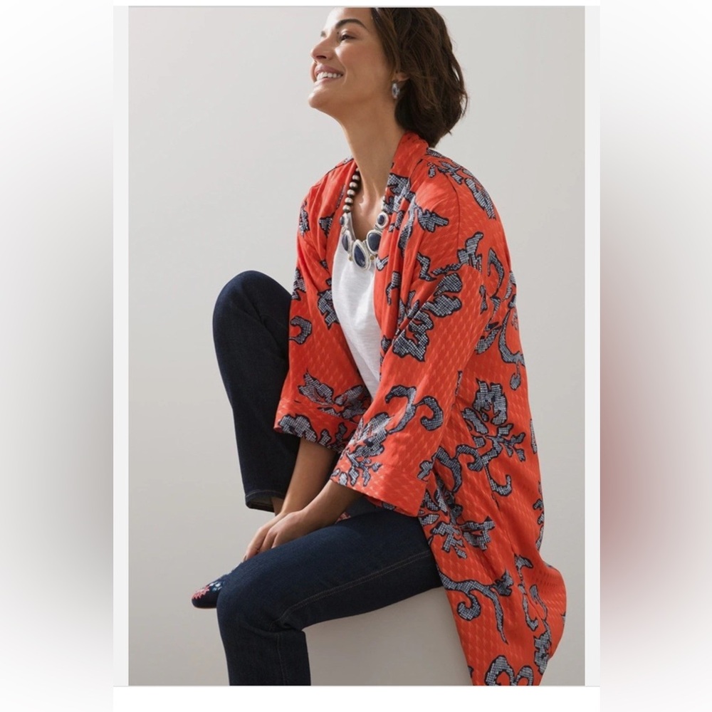 NWT Chico's Orange Spice Kimono orient bliss jacquard 3/4 sleeve jacket. Size 2